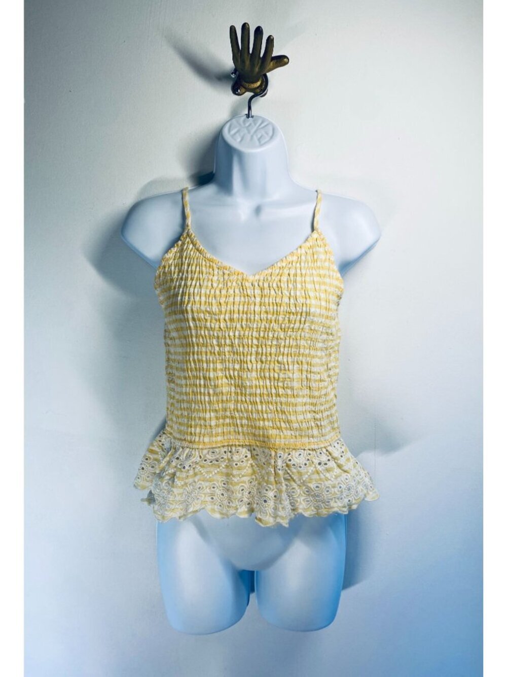 Yellow Gingham Smocked Cami Top With Adjustable Straps & Eyelet Lace Ruffle Hem